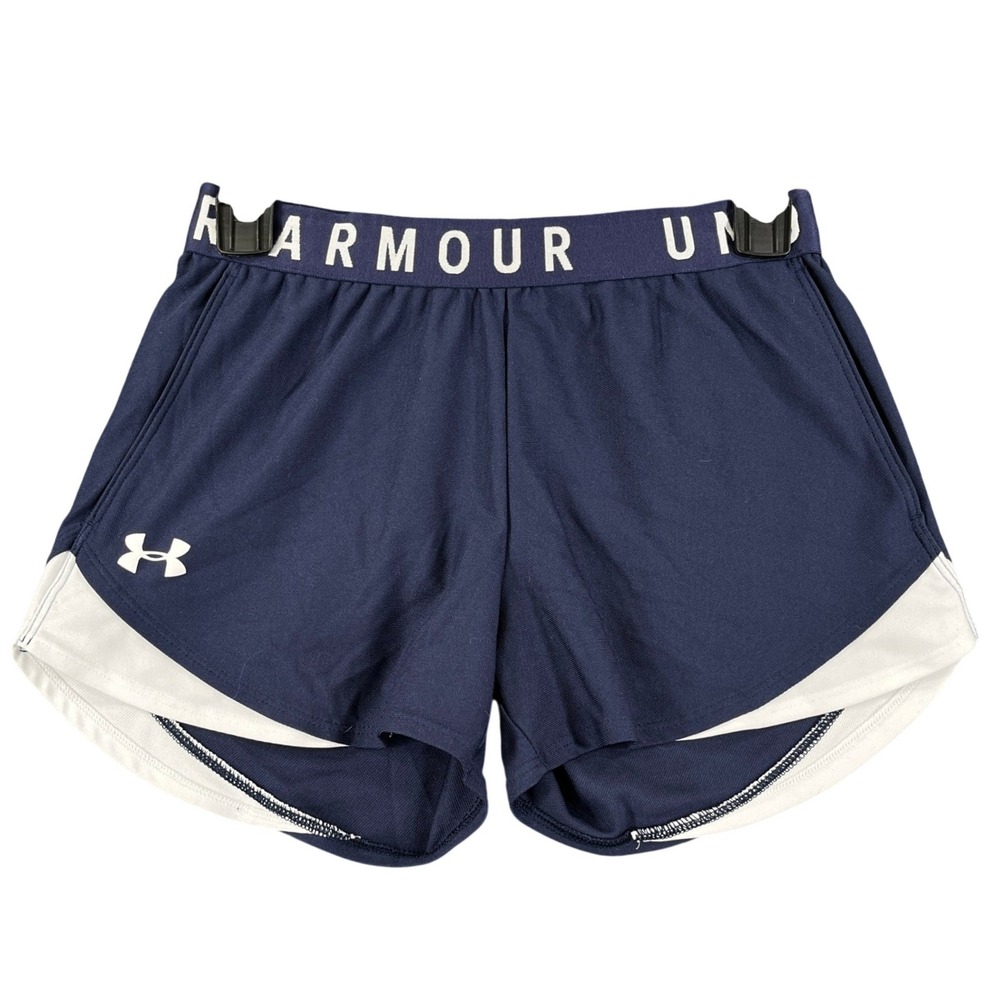 Under Armour HeatGear Athletic Shorts Womens XS Navy Blue White Logo Gym Running